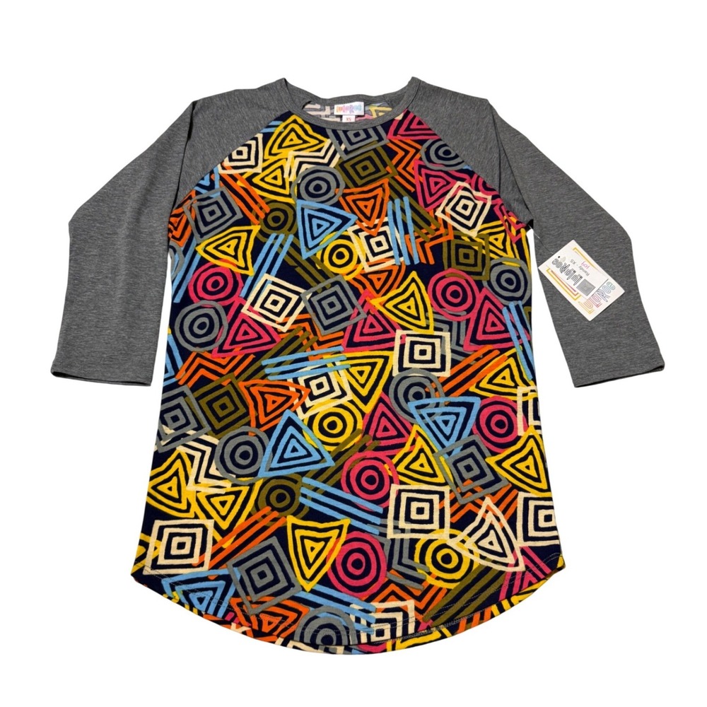 LuLaRoe Randy Baseball Tee XS Geometric  Raglan 3/4 Sleeve Grey Multi-Color #109